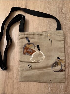 Women’s Beige Printed Shoulder Bag with Black Strap